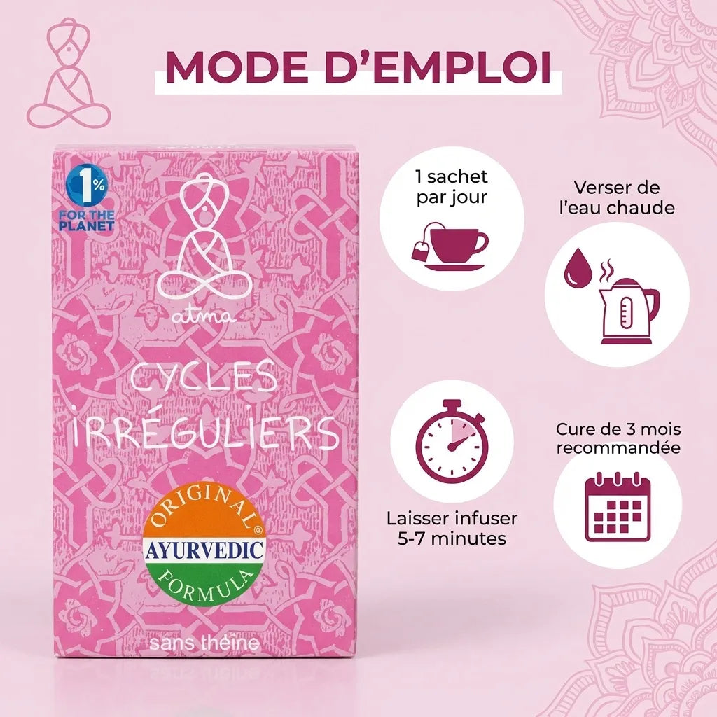 Infusion Kala Pushpa cycles irréguliers 20 sachets Atma avec mode d'emploi et instructions de préparation