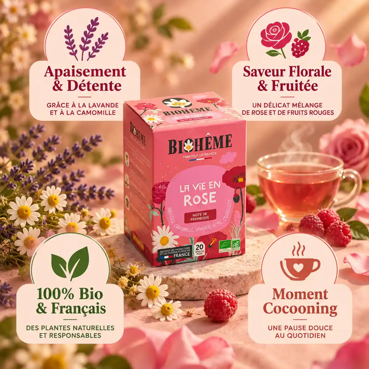 Boîte infusettes La Vie En Rose Biohême 20 sachets, packaging rose avec fleurs, fabriqué en France
