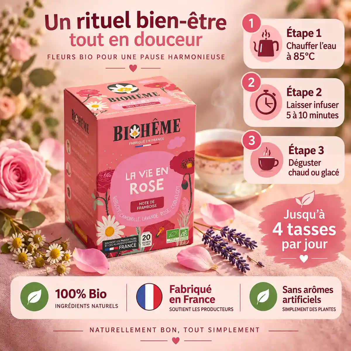Boîte infusion La Vie En Rose Biohême bio avec rose, lavande et guide préparation français