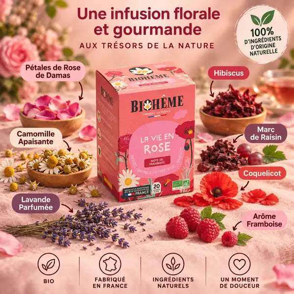 Boîte infusion La Vie En Rose Biohême 20 infusettes avec ingrédients botaniques sur fond rose