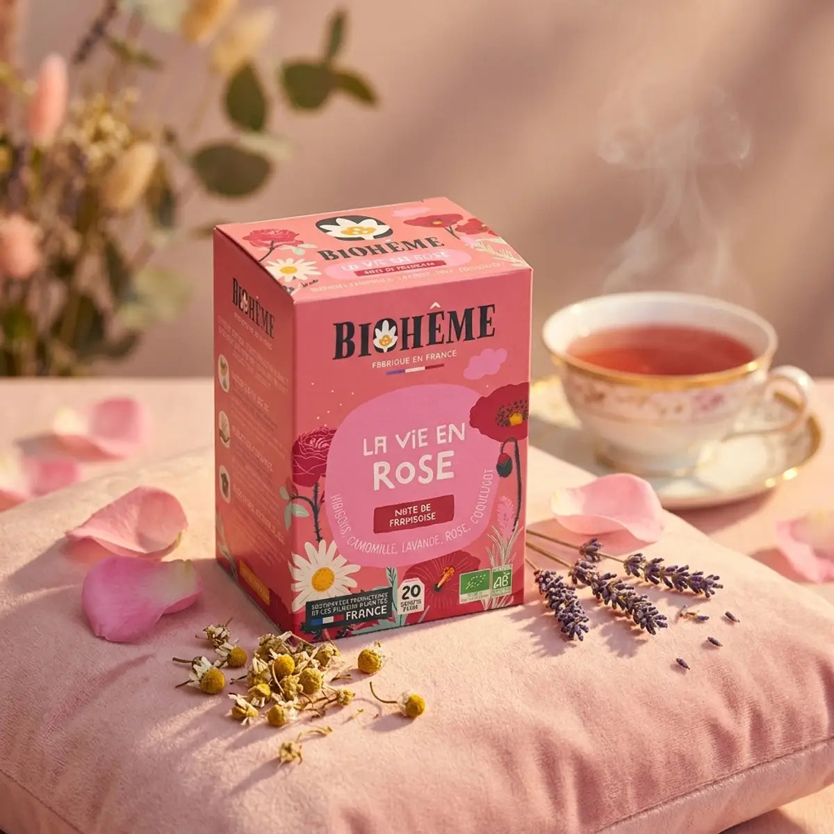 Boîte Infusion La Vie En Rose Biohême entourée de pétales de rose et fleurs séchées