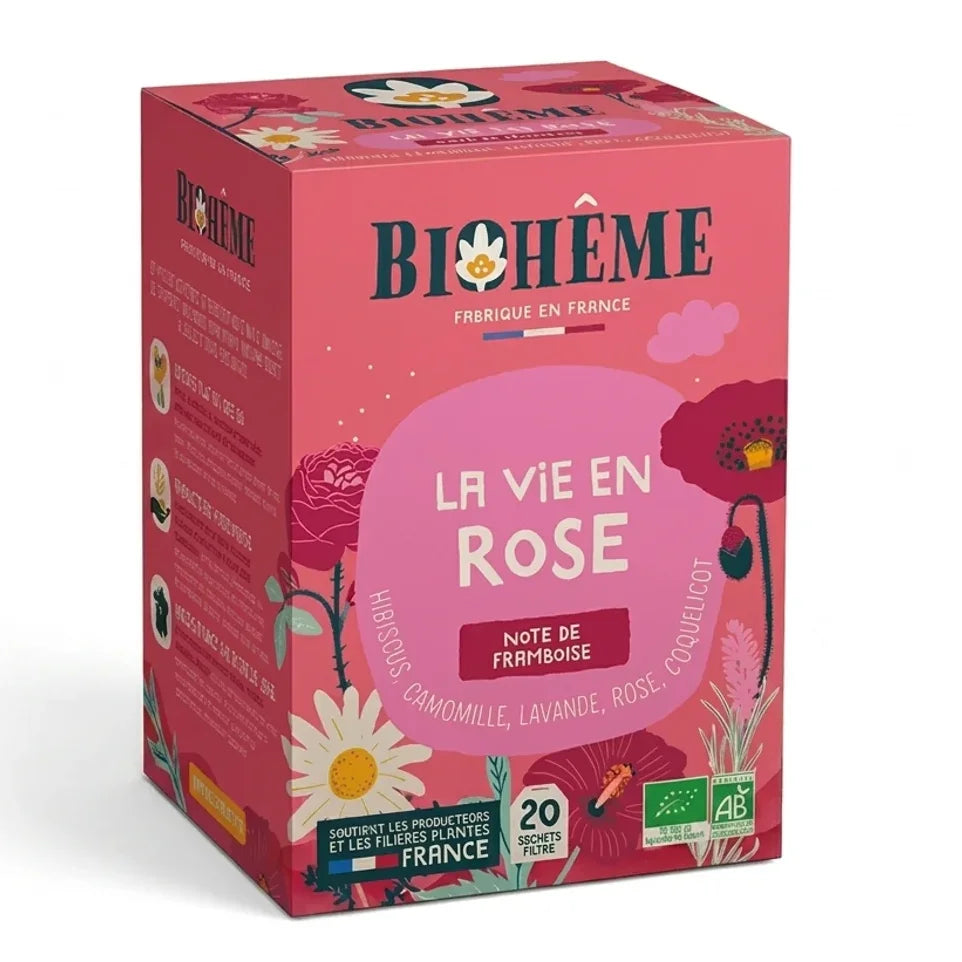 Boîte Biohême La Vie En Rose 20 infusettes thé rose framboise certification bio