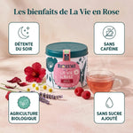 Boîte métal La Vie en Rose Biohême, infusion bio sans caféine ni sucre ajouté, entourée d'hibiscus, camomille et framboises