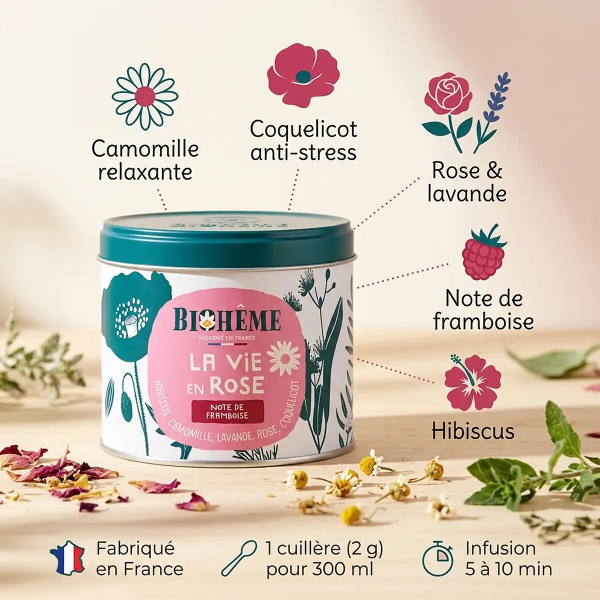 Infusion Biohême « La vie en rose » en boîte métal vrac, note de framboise, avec camomille, rose, lavande et hibiscus