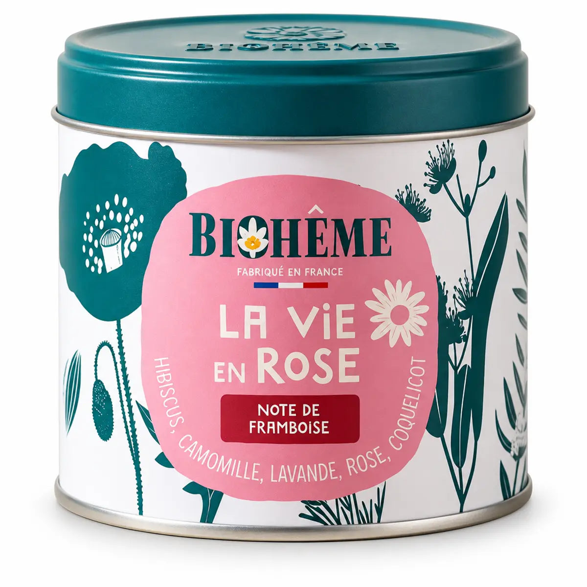 Boîte métal cylindrique blanche Biohême "La Vie en Rose" à note de framboise, décor de coquelicots et couvercle bleu canard