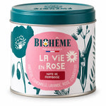 Boîte métal cylindrique blanche Biohême "La Vie en Rose" à note de framboise, décor de coquelicots et couvercle bleu canard