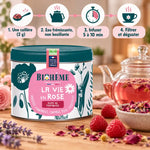 Boîte métal Biohême La Vie en Rose en vrac, infusion rose avec framboises et pétales, étapes de préparation