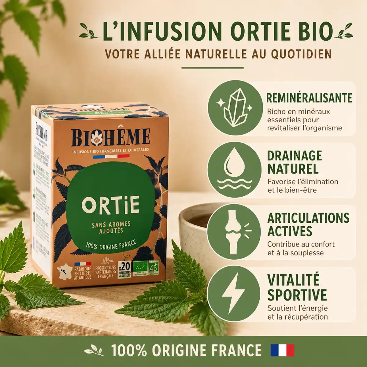 Infusion Ortie Bio Biohême 20 infusettes avec feuilles d'ortie fraîche et bénéfices santé