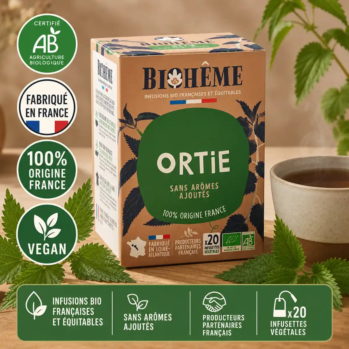 Infusion Ortie Bio 20 Infusettes Biohême certifiée AB, fabriquée en France, packaging écologique
