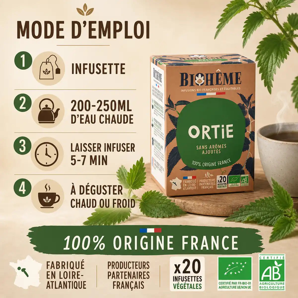 Infusion Ortie Bio Biohême 20 infusettes - Mode d'emploi et préparation avec feuilles fraîches