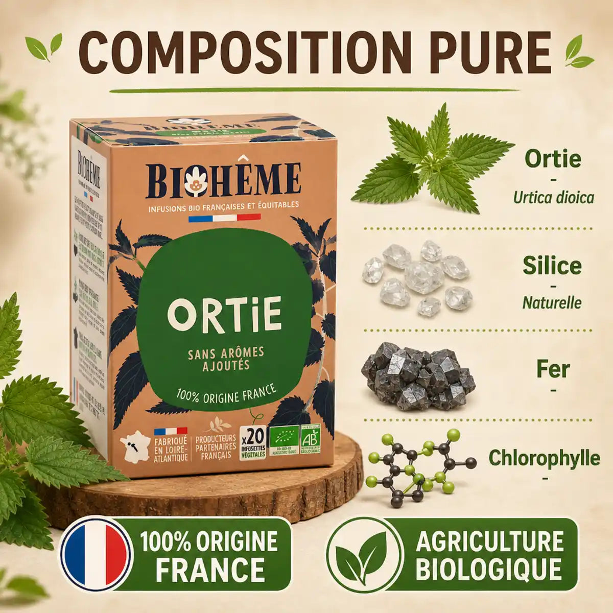Boîte infusion ortie bio Biohême 20 infusettes avec composition pure et certification agriculture biologique