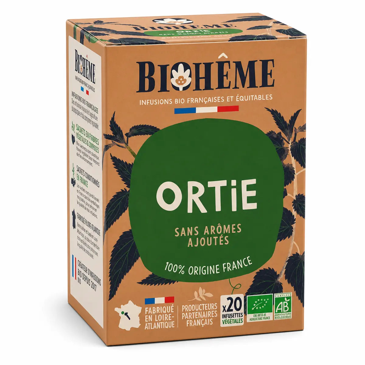 Boîte Infusion Ortie Bio Biohême 20 infusettes, packaging beige et vert avec certification AB