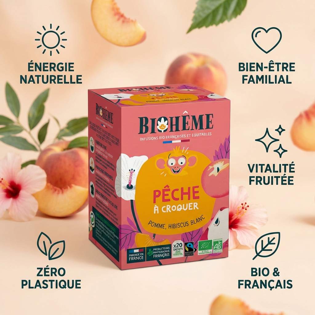 Boîte infusion pêche à croquer Biohême x20 infusettes bio avec bénéfices bien-être