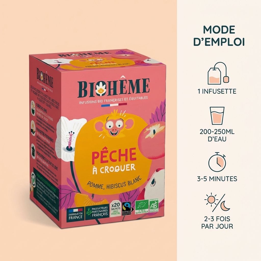 Boîte Biohême Pêche à Croquer infusion 20 infusettes avec mode d'emploi préparation