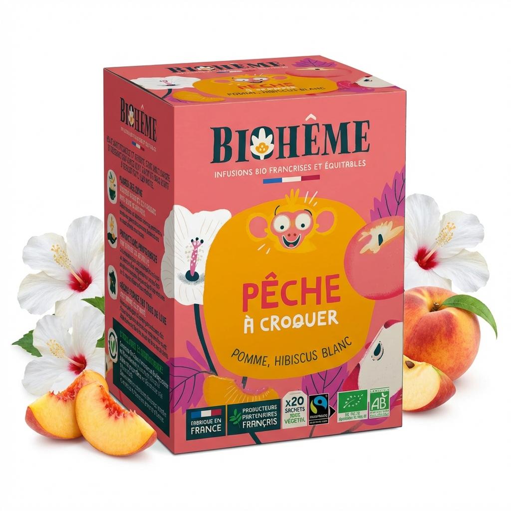 Infusion Pêche à Croquer Biohême 20 infusettes avec fruits et fleurs, packaging rose corail