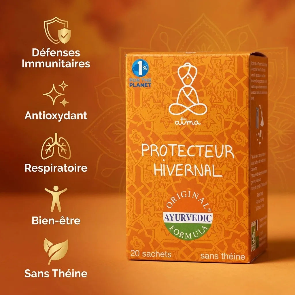 Infusion Pramati Atma - Boîte 20 sachets avec infographie des bénéfices immunitaires et antioxydants