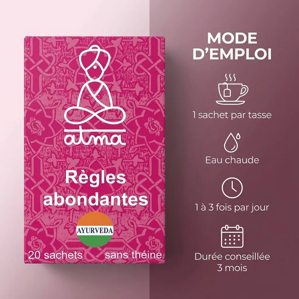 Infusion Rakta Pushpa règles abondantes 20 sachets Atma avec mode d'emploi et dosage