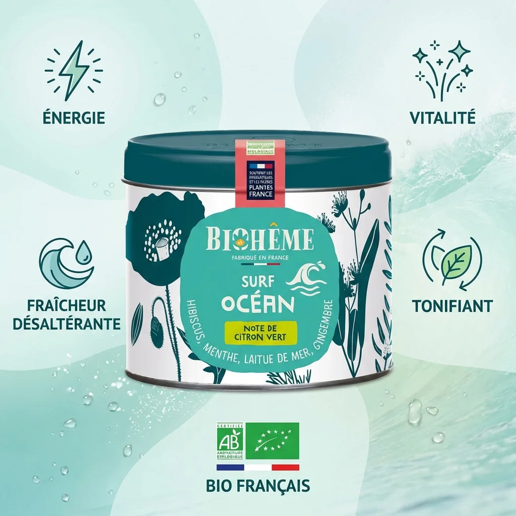 Boîte métal infusion Surf Océan Biohême bio avec bénéfices : énergie, vitalité, fraîcheur et tonifiant