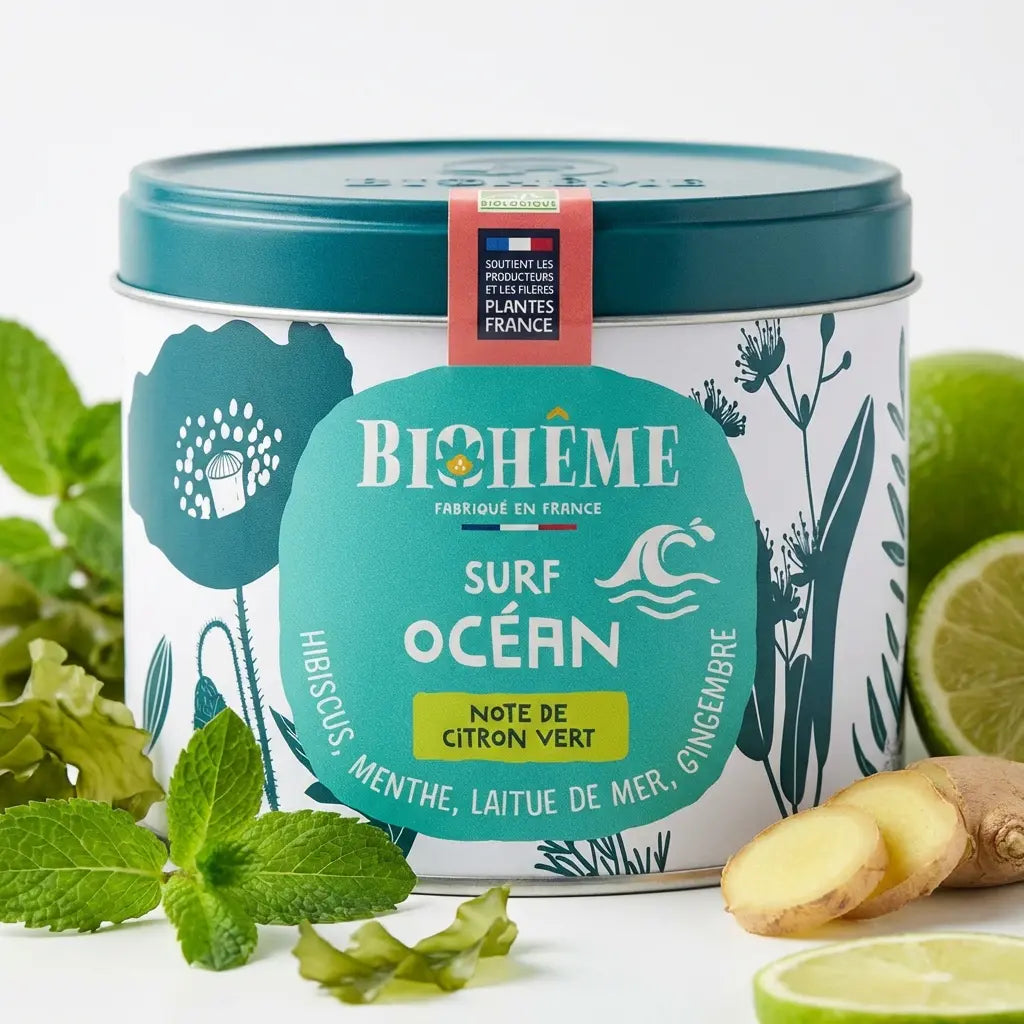 Boîte métal infusion Surf Océan Biohême 50g avec ingrédients naturels menthe et algue