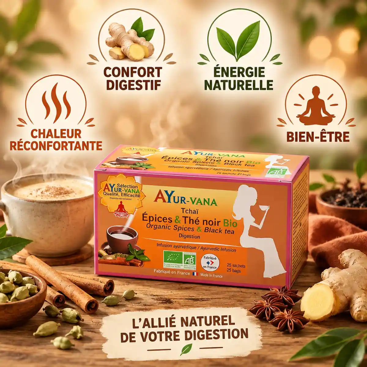 Boîte Tchaï Epices & Thé Noir Bio AyurVana 25 infusettes avec icônes bénéfices santé