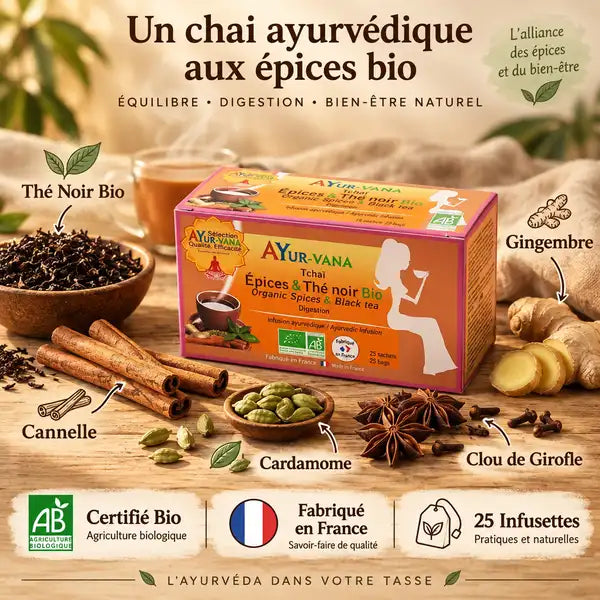 Boîte Tchaï Bio AyurVana 25 infusettes avec ingrédients naturels : cannelle, gingembre, cardamome et thé noir