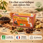 Boîte Tchaï Bio AyurVana 25 infusettes avec ingrédients naturels : cannelle, gingembre, cardamome et thé noir