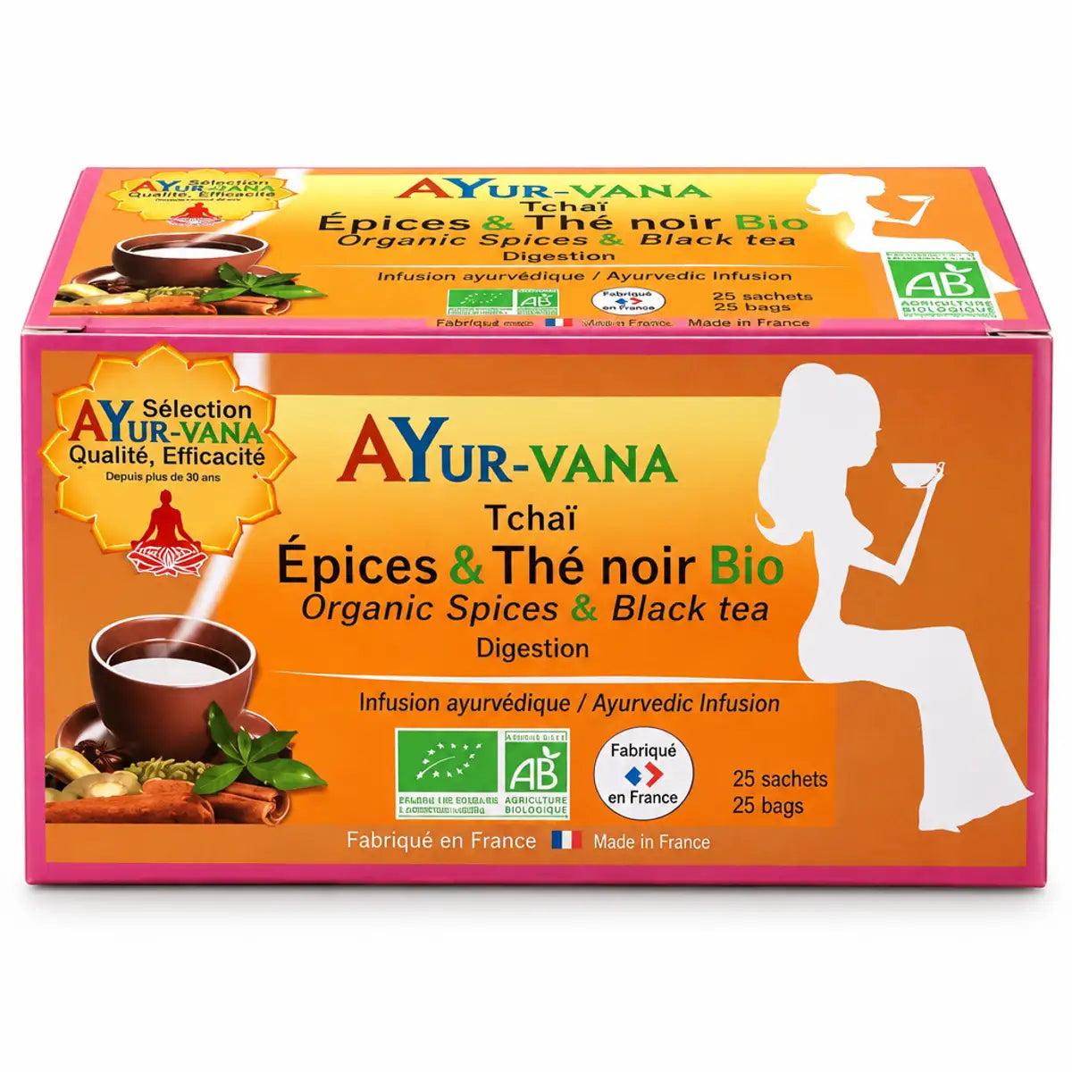 Boîte Tchaï Épices & Thé Noir Bio AyurVana 25 infusettes certifiées sur fond blanc