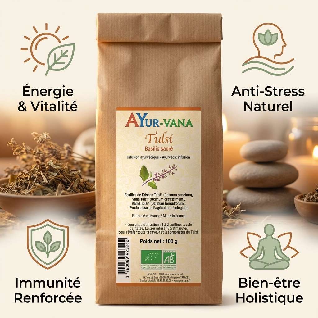 Tulsi Basilic sacré Bio Ayur-Vana 100g avec bénéfices : énergie, anti-stress, immunité, bien-être