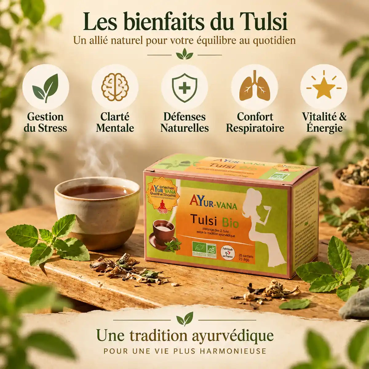 Infusion Tulsi Bio AyurVana 25 infusettes, tasse de thé et feuilles fraîches sur bois