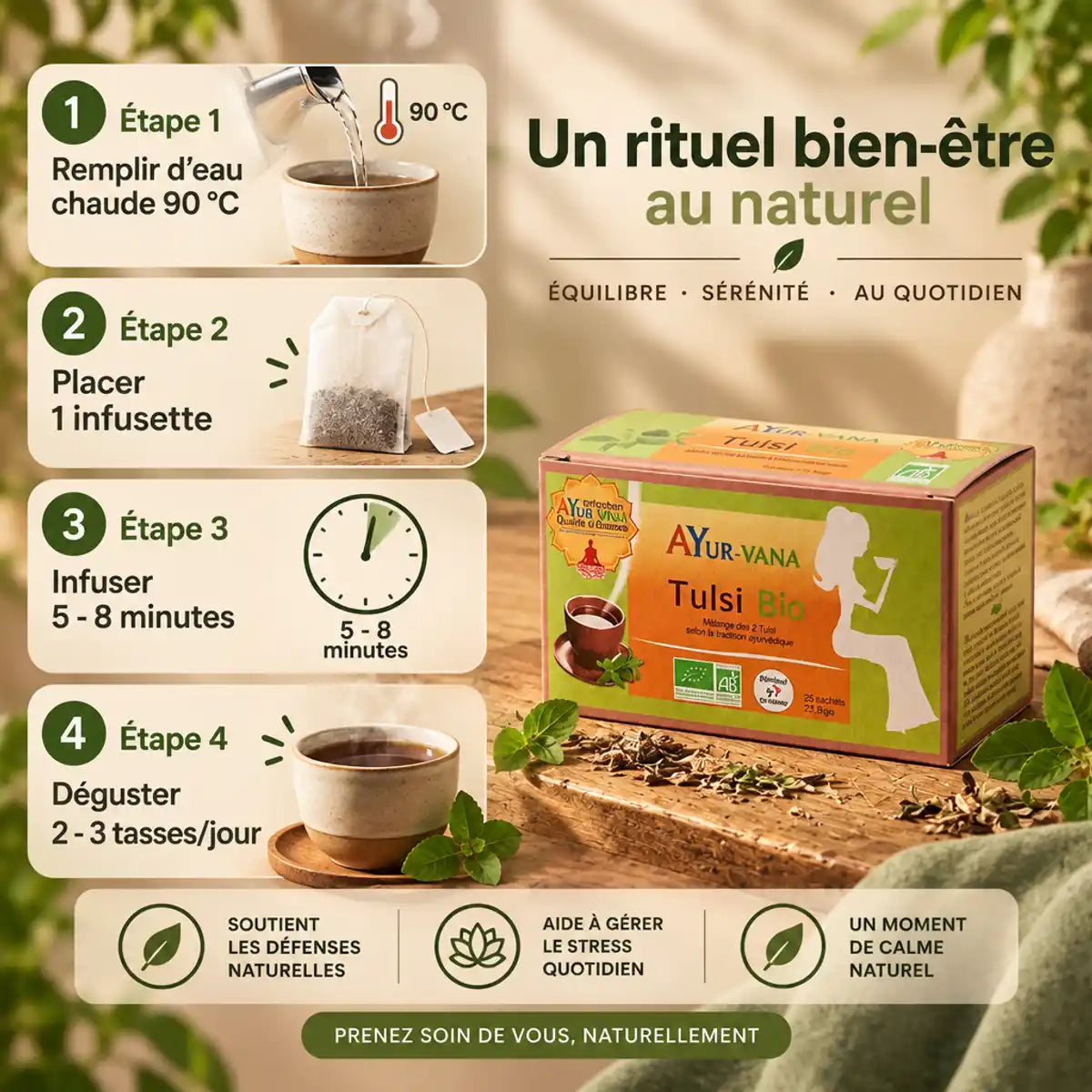 Boîte Infusion Tulsi Bio AyurVana 25 infusettes avec guide d'utilisation et étapes de préparation