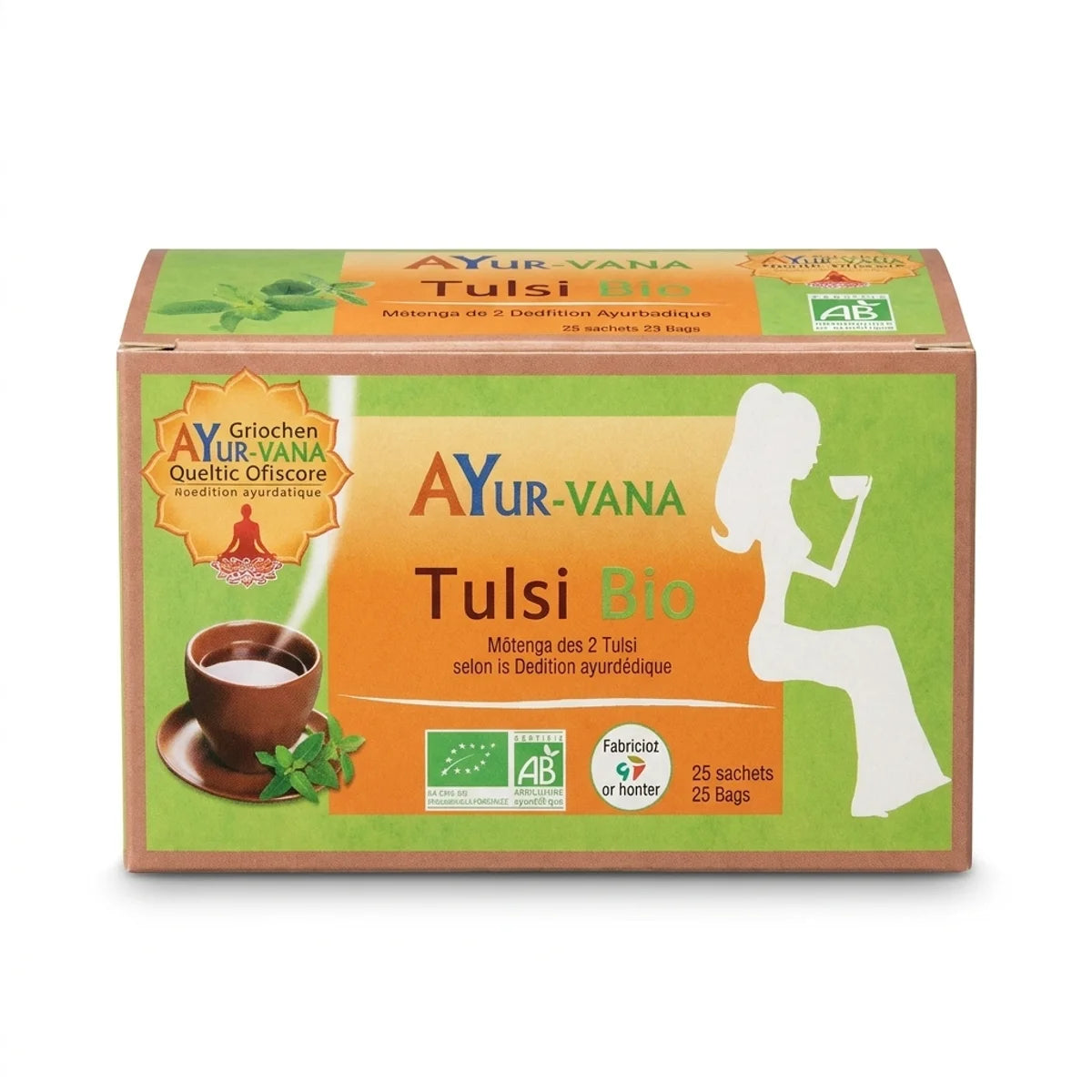 Boîte Infusion Tulsi Bio AyurVana 25 infusettes certification organic sur fond blanc