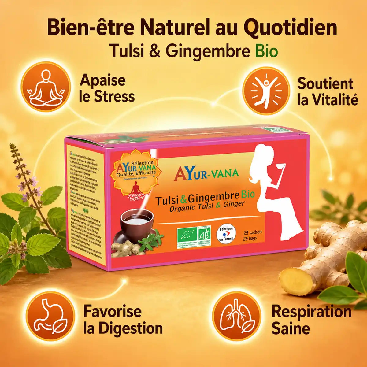 Infusion Tulsi & Gingembre Bio Ayur-Vana avec bénéfices : stress, vitalité, digestion, respiration