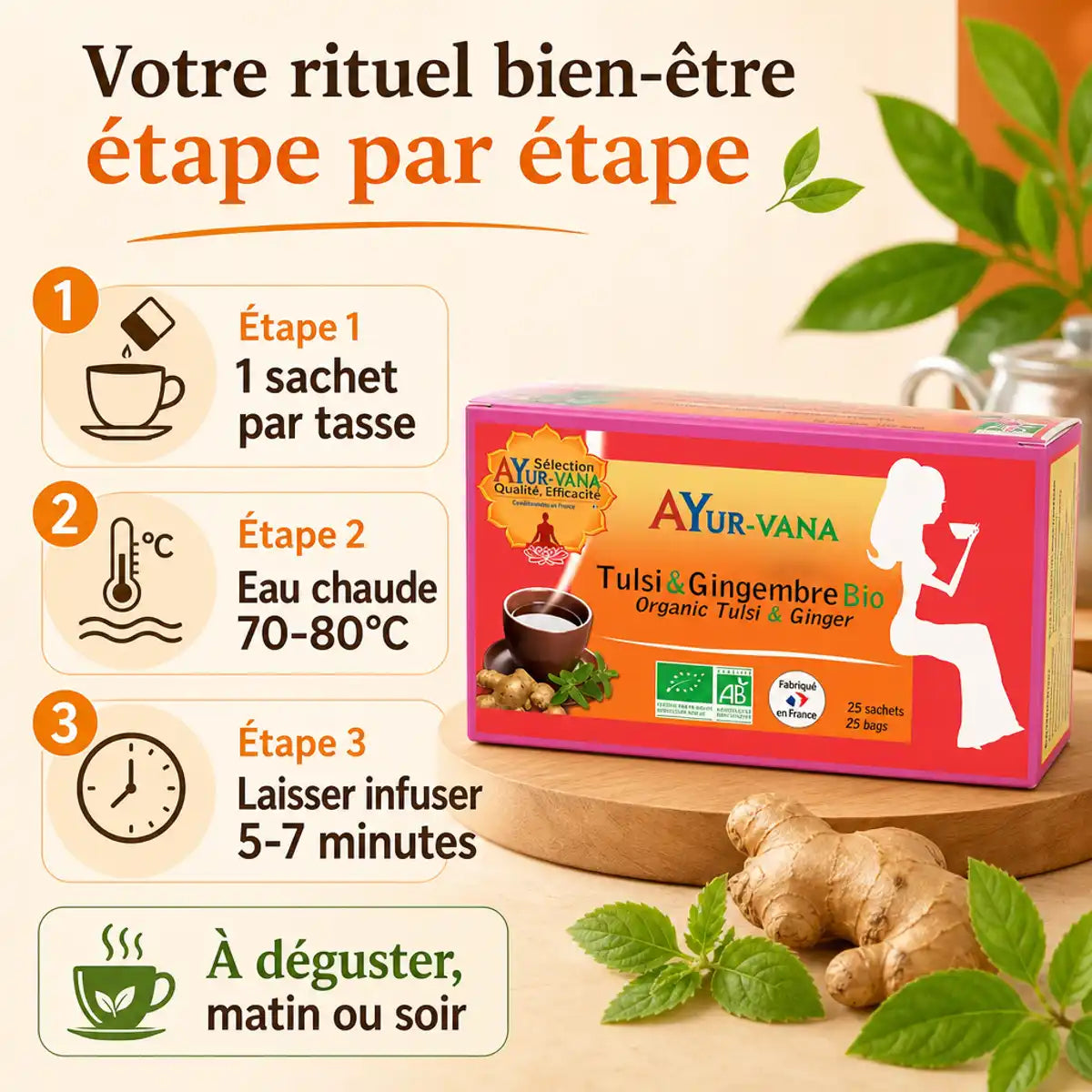 Infusion Tulsi Gingembre Bio Ayur-Vana - guide préparation 25 infusettes
