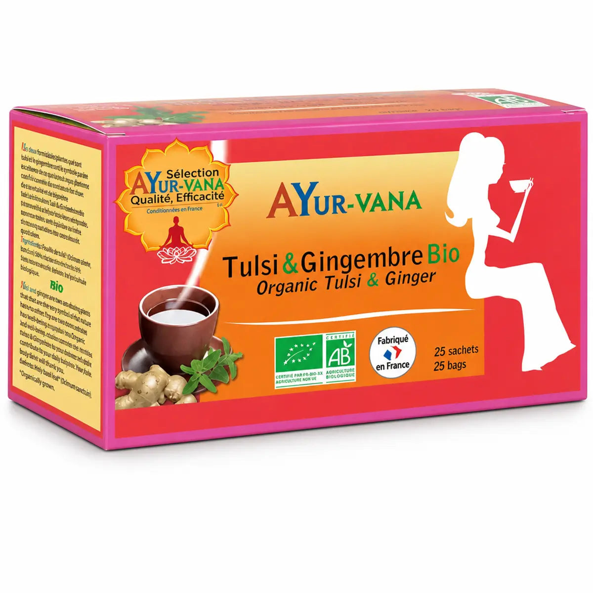 Boîte infusettes Tulsi & Gingembre Bio Ayur-Vana, emballage rose et orange sur fond blanc