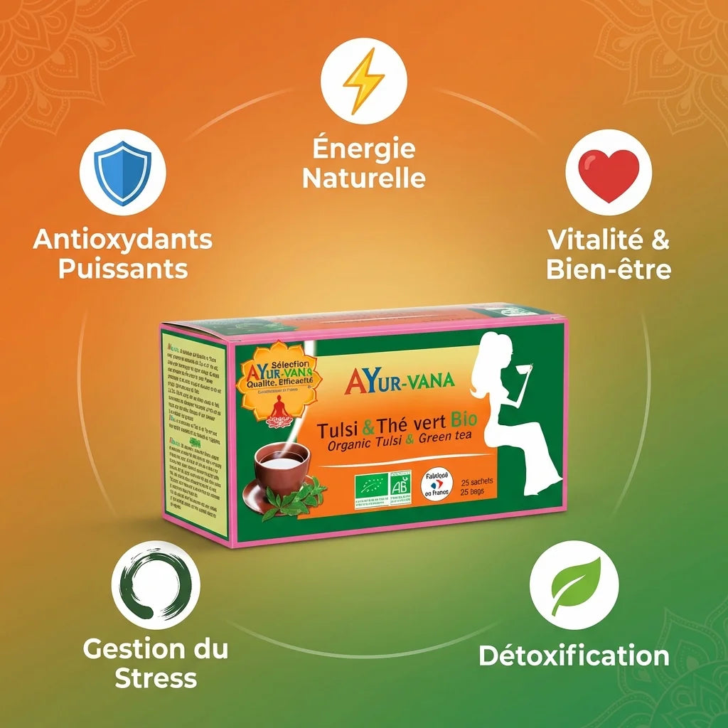 Infusion Tulsi Thé Vert Bio AyurVana 25 infusettes avec icônes bénéfices santé et certification bio
