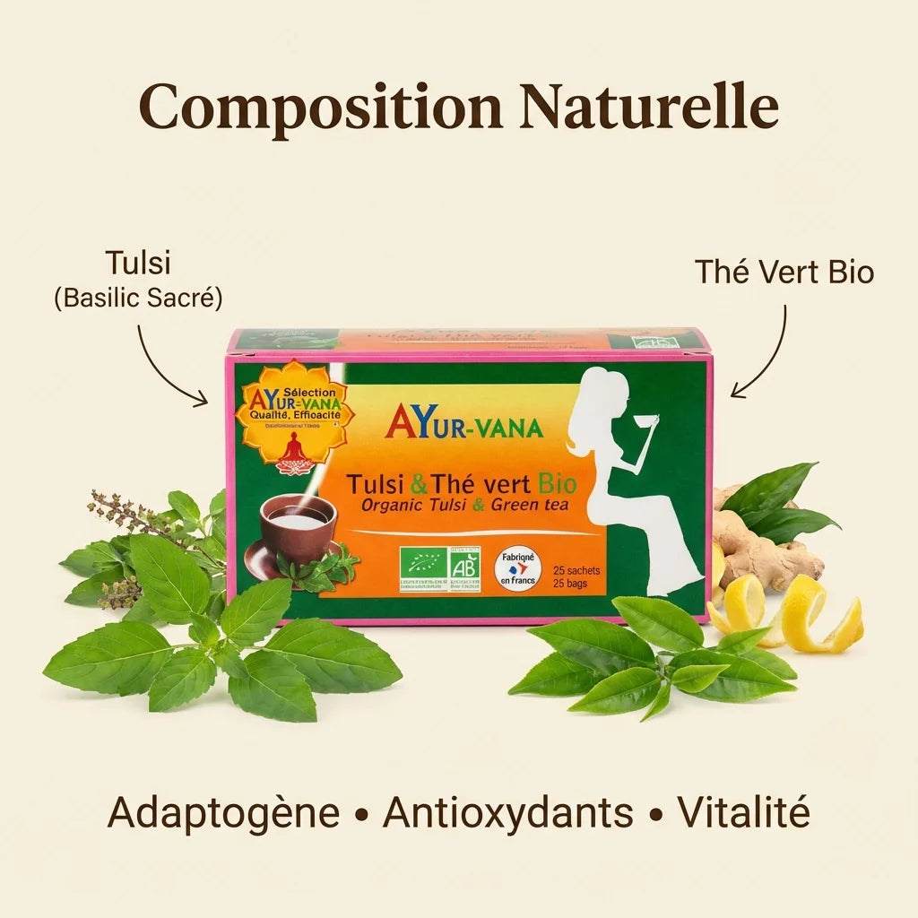 Boîte AyurVana Tulsi & Thé Vert Bio 25 infusettes avec ingrédients naturels adaptogènes