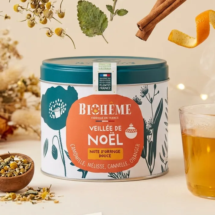 Boîte métal infusion Veillée de Noël Biohême avec herbes séchées et tasse fumante