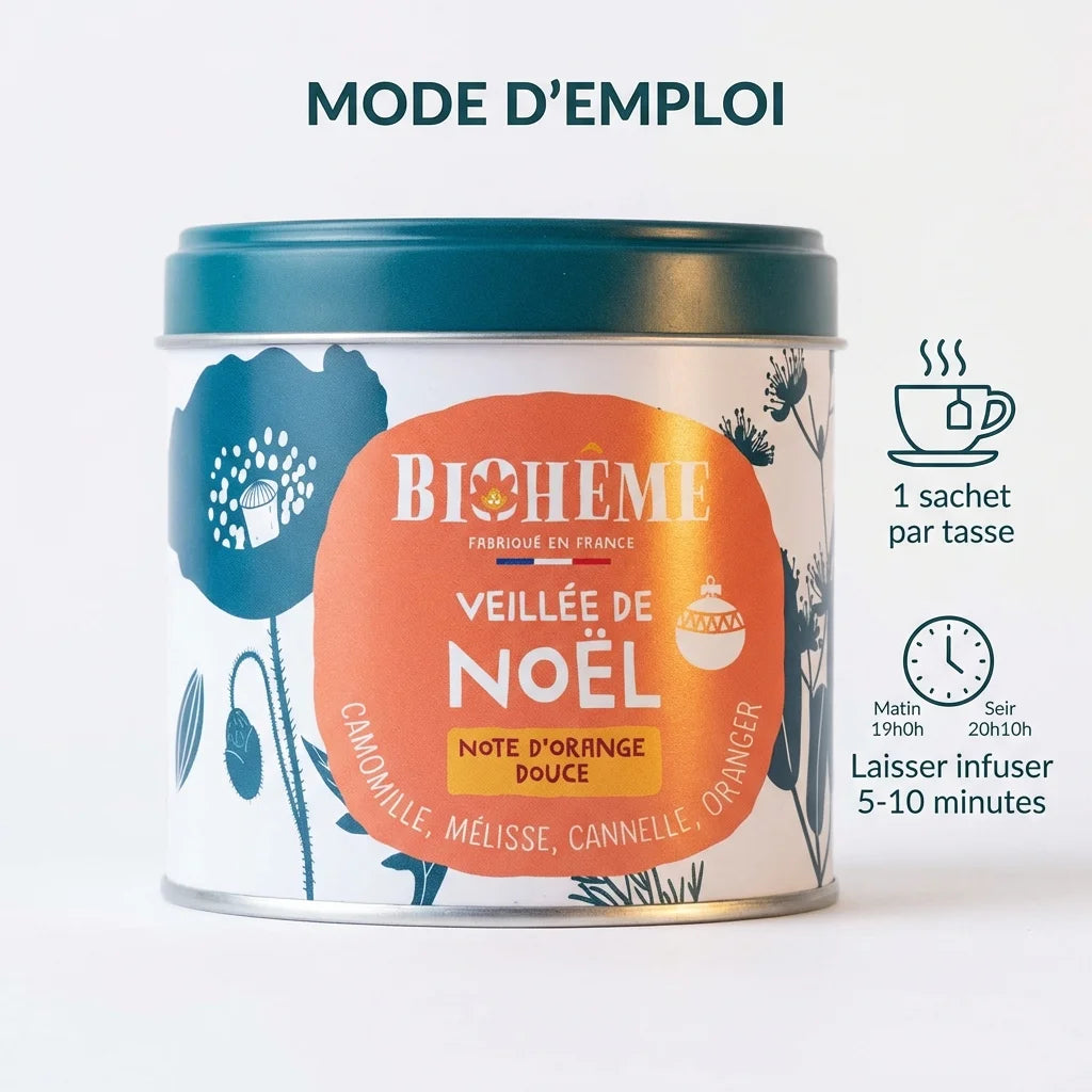Boîte métal infusion Veillée de Noël Biohême avec mode d'emploi et instructions de préparation sur fond blanc