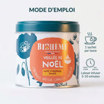 Boîte métal infusion Veillée de Noël Biohême avec mode d'emploi et instructions de préparation sur fond blanc
