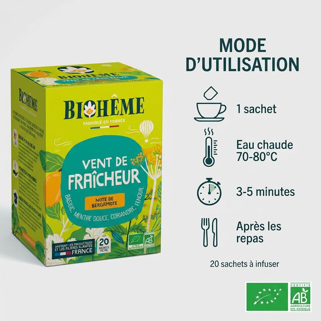 Infusion Vent de Fraîcheur Biohême 20 sachets avec guide d'utilisation et certif bio AB