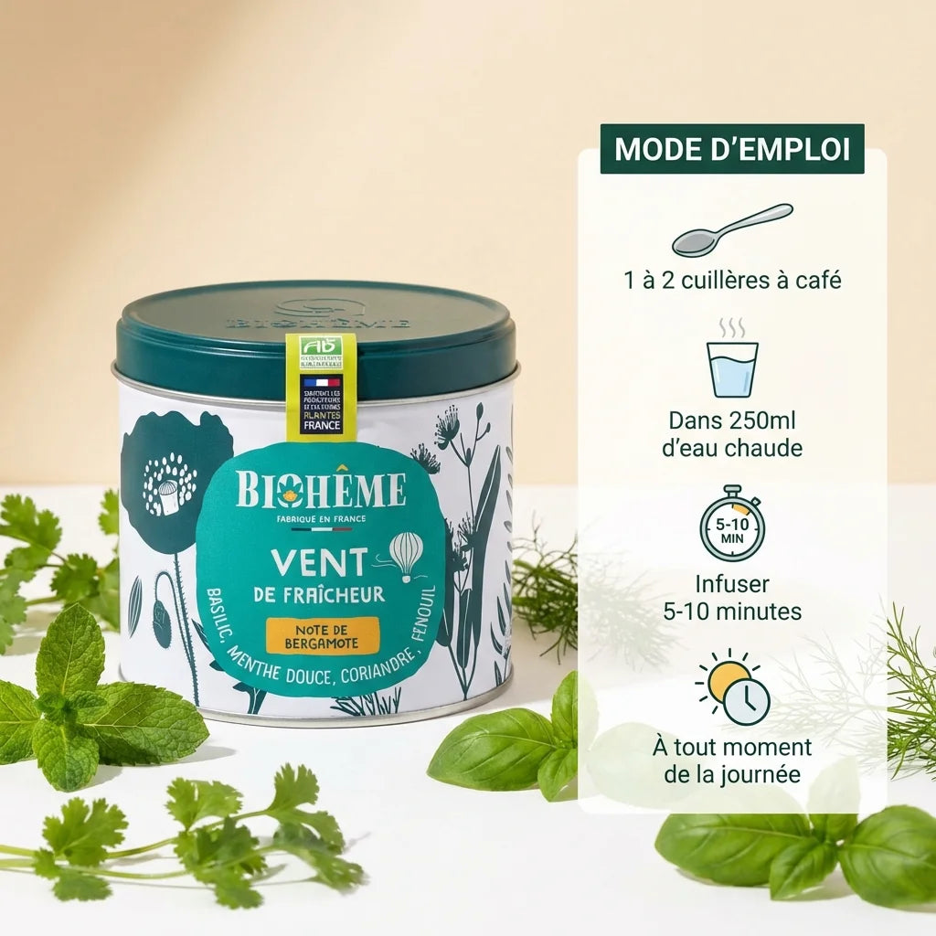 Boîte métal Biohême Vent de Fraîcheur 50g avec instructions d'infusion et herbes fraîches