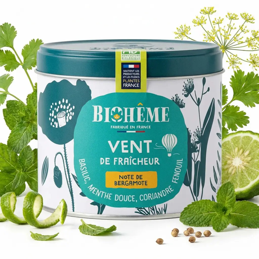 Boîte métal Biohême Vent de Fraîcheur avec menthe, bergamote et fenouille sur fond blanc