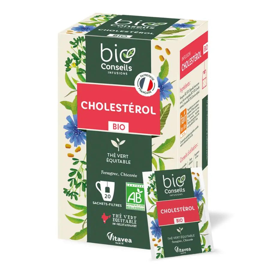 Une boite de 20 sachets filtres d'Infusion Cholestérol BIO Bioconseils vue de face