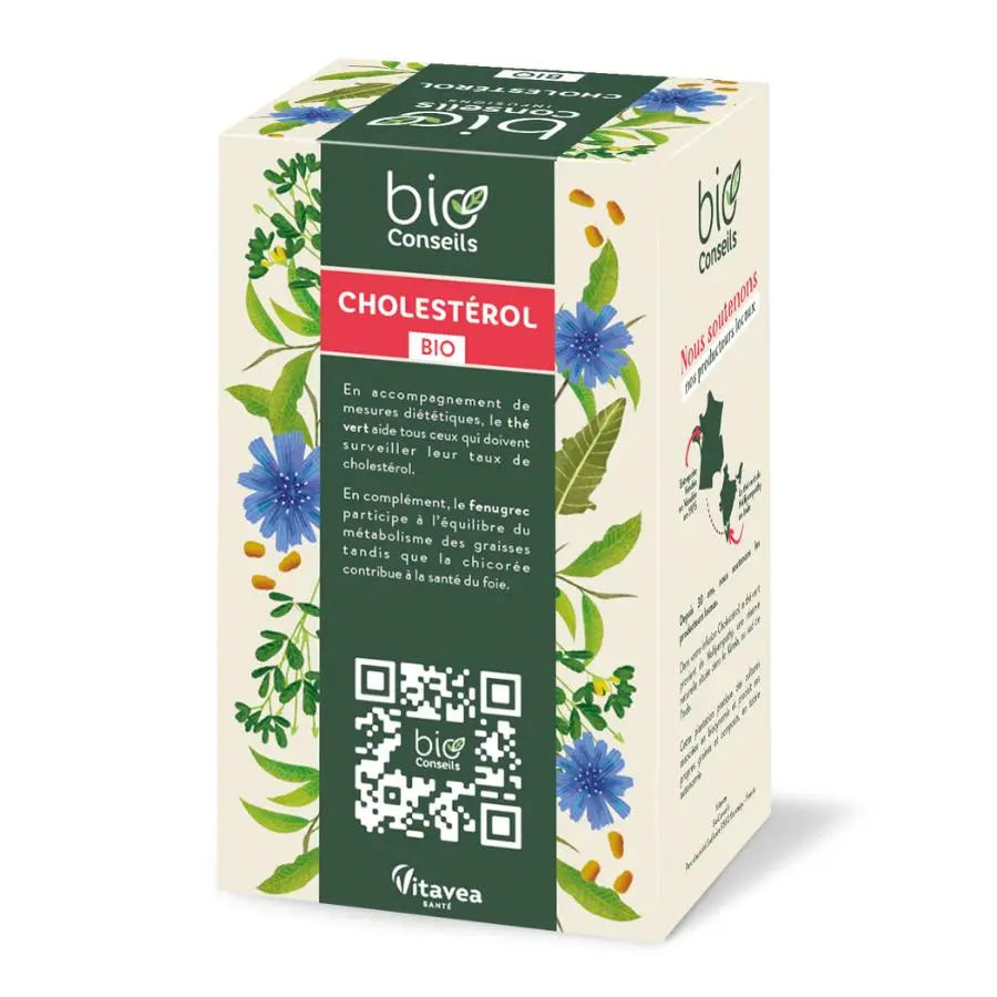 Une boite de 20 sachets filtres d'Infusion Cholestérol BIO Bioconseils vue de derriere