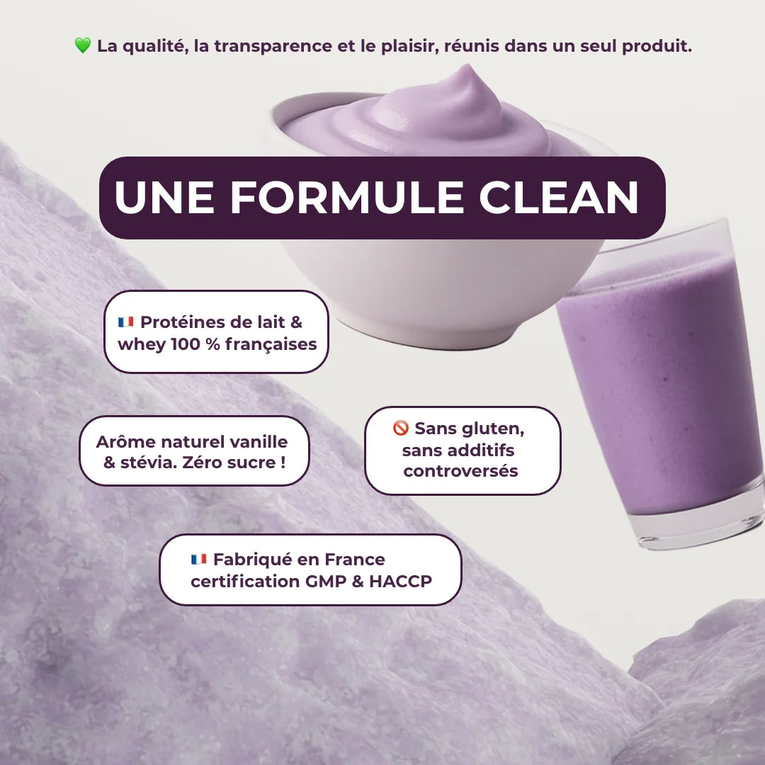 Ingrédients que contient le sveltiforme de la marque INOLAB avec image des protéines dans une glace et un smoothie