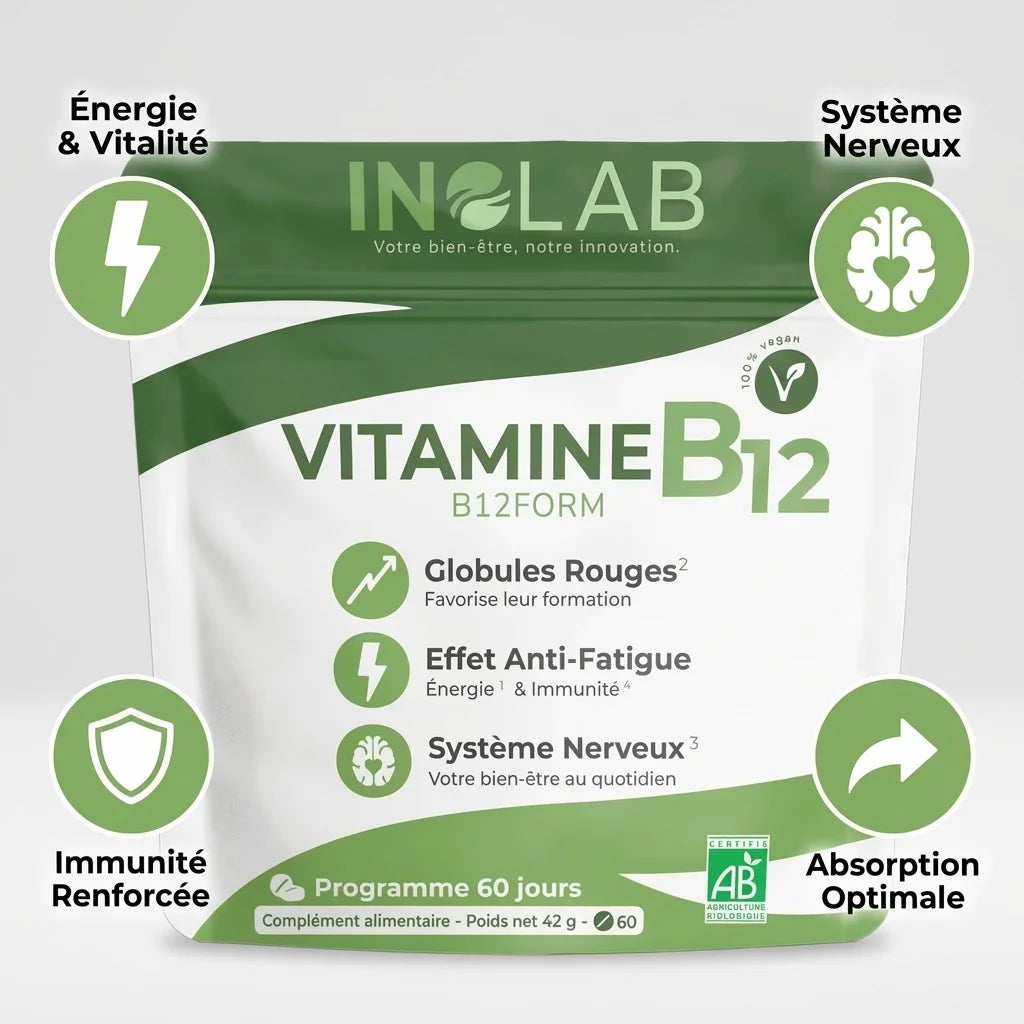 Inolab B12form vitamine B12 vegan bio shiitake avec icônes énergie, système nerveux, immunité et absorption