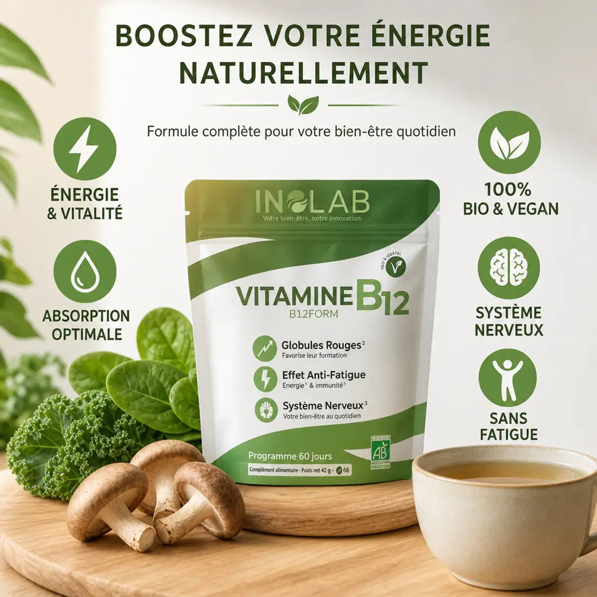 Inolab B12form vitamine B12 vegan bio shiitake avec bénéfices énergie et absorption optimale