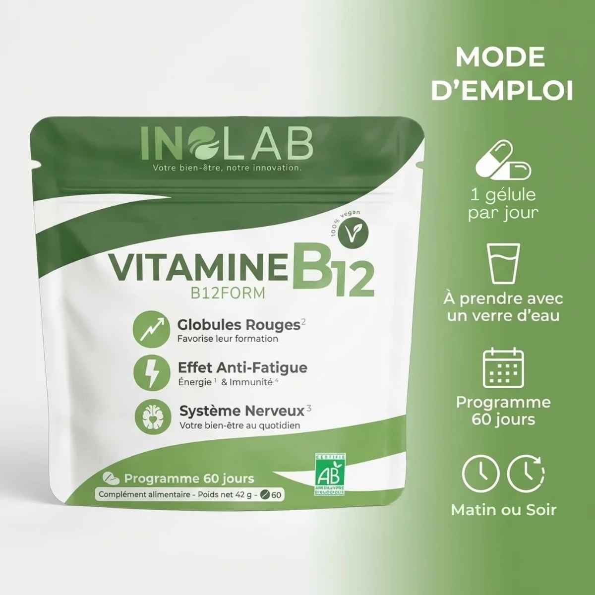 Inolab B12form vitamine B12 vegan bio shiitake 60 capsules mode d'emploi posologie