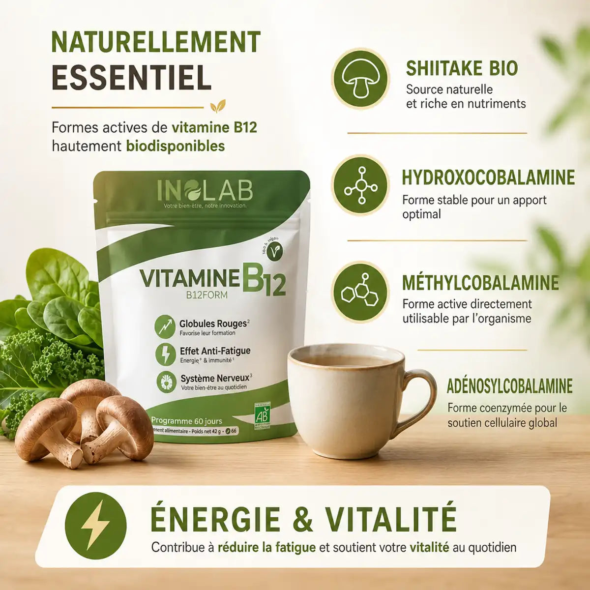 Inolab B12form vitamine B12 vegan bio shiitake avec ingrédients actifs et légumes verts