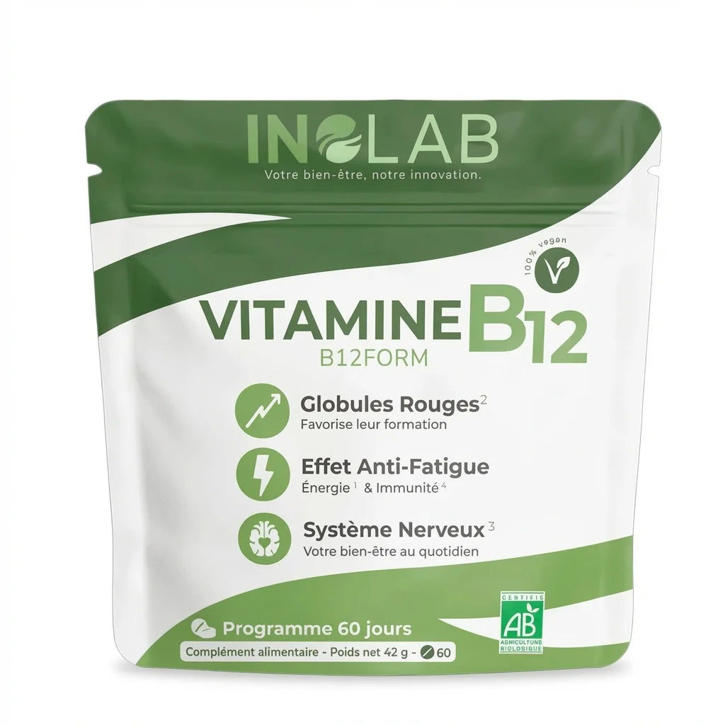Inolab B12form vitamine B12 vegan bio shiitake 60 capsules packaging vert et blanc